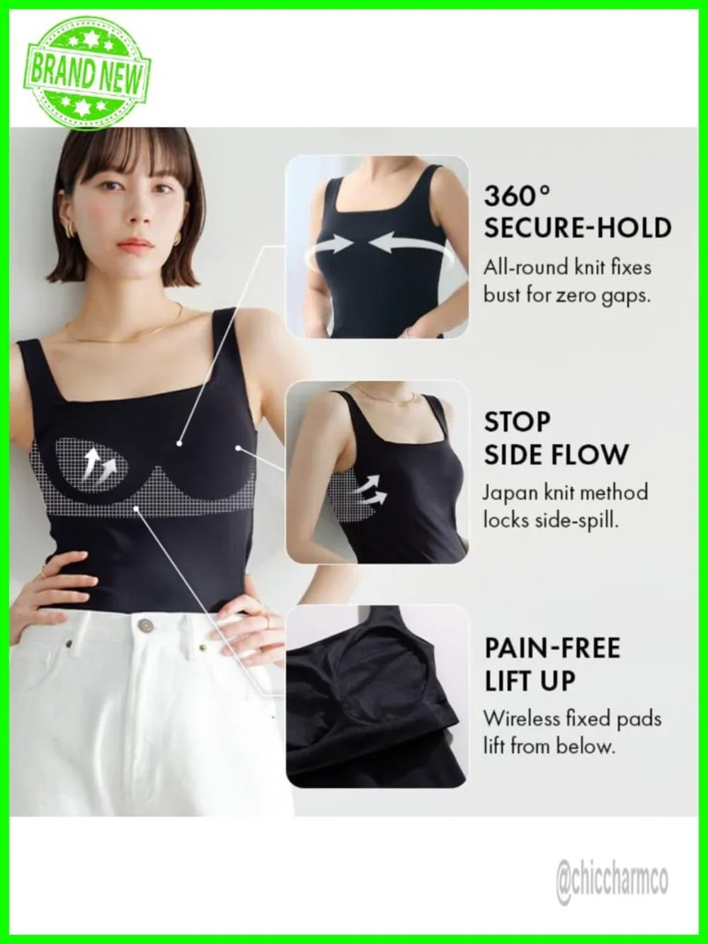 Padded Square Neck Tank Top Bra Anti-Sagging Push Up Fit Sleep Japan Tech
